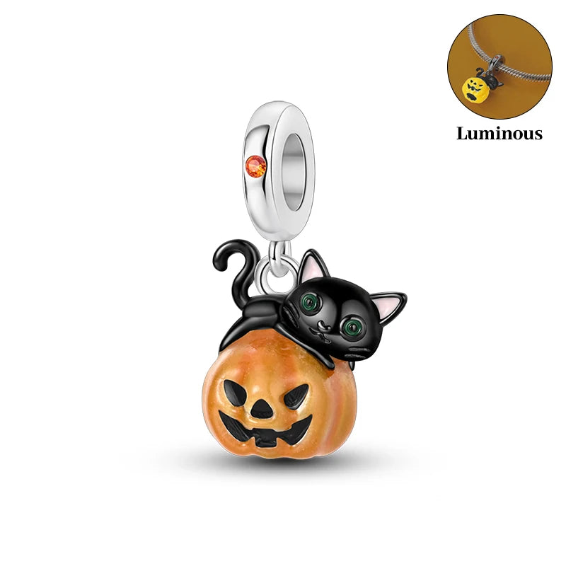 2024 New 925 Sterling Luminous Halloween Skull Witch Pumpkin Candy Charms Beads Fit 3mm Original Bracelets DIY Party Jewelry