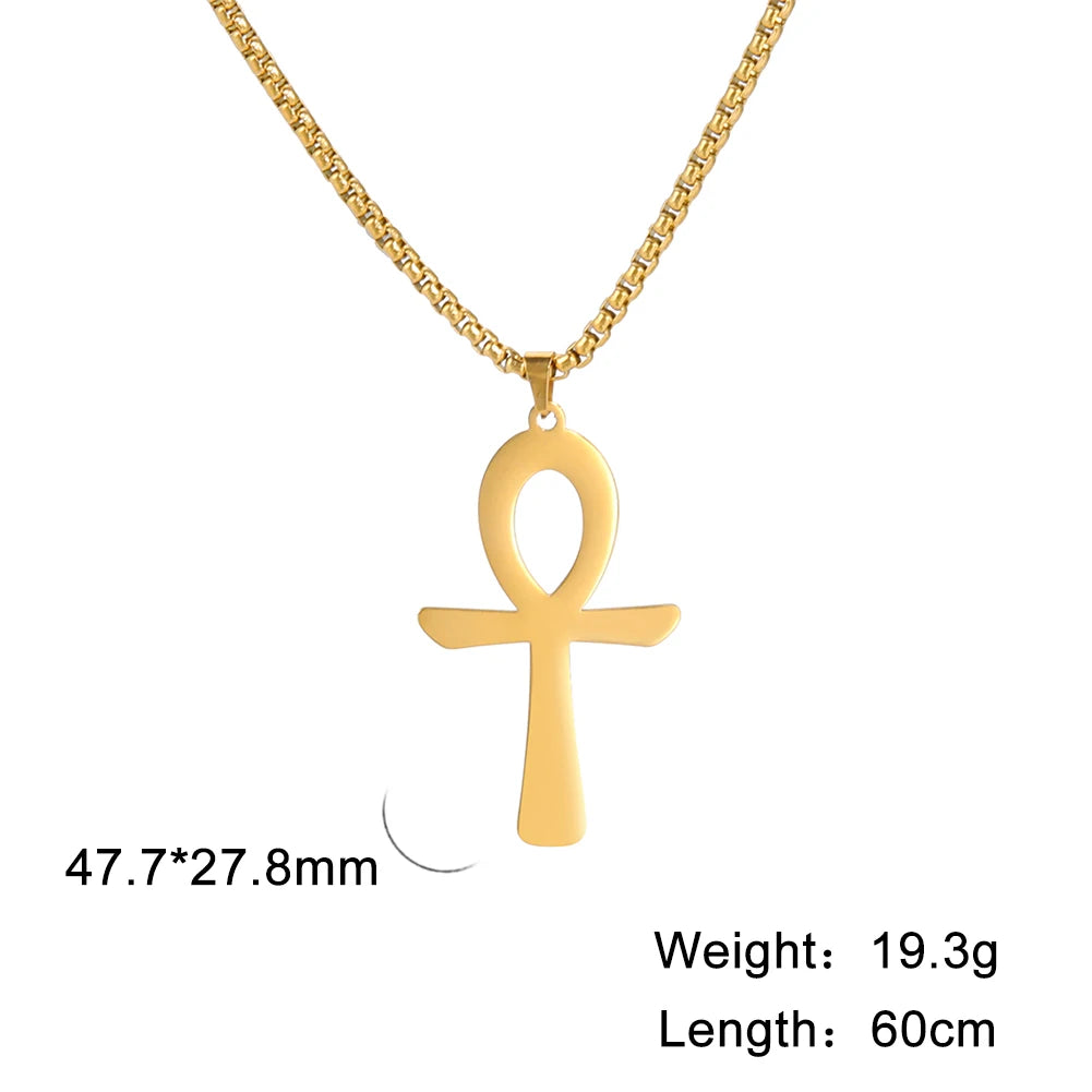 Dreamtimes Simple Classic Cross Stainless Steel Necklace Egyptian Ankh Life Symbol Antique Pendant Long Chain Necklaces Jewelry