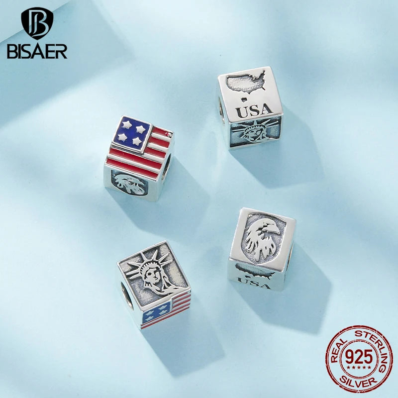 BISAER 925 Sterling Silver Souvenir Charm Italy American Poland France Memorial Symbol Bead for DIY Bracelet Fine Jewelry Gift