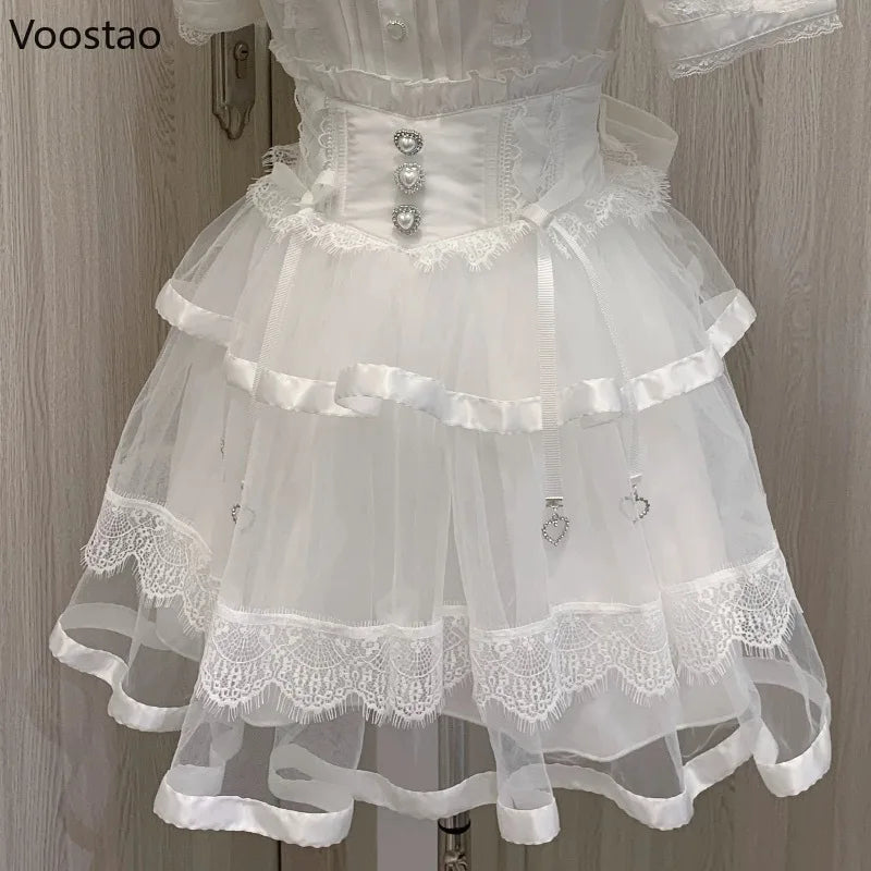 Japanese Gothic Lolita Style Rhinestone Mini Skirt Women Punk Slim Bandage Cake Skirt Girls Sweet Y2k Mesh Skirts Faldas Mujer - Madeinsea©