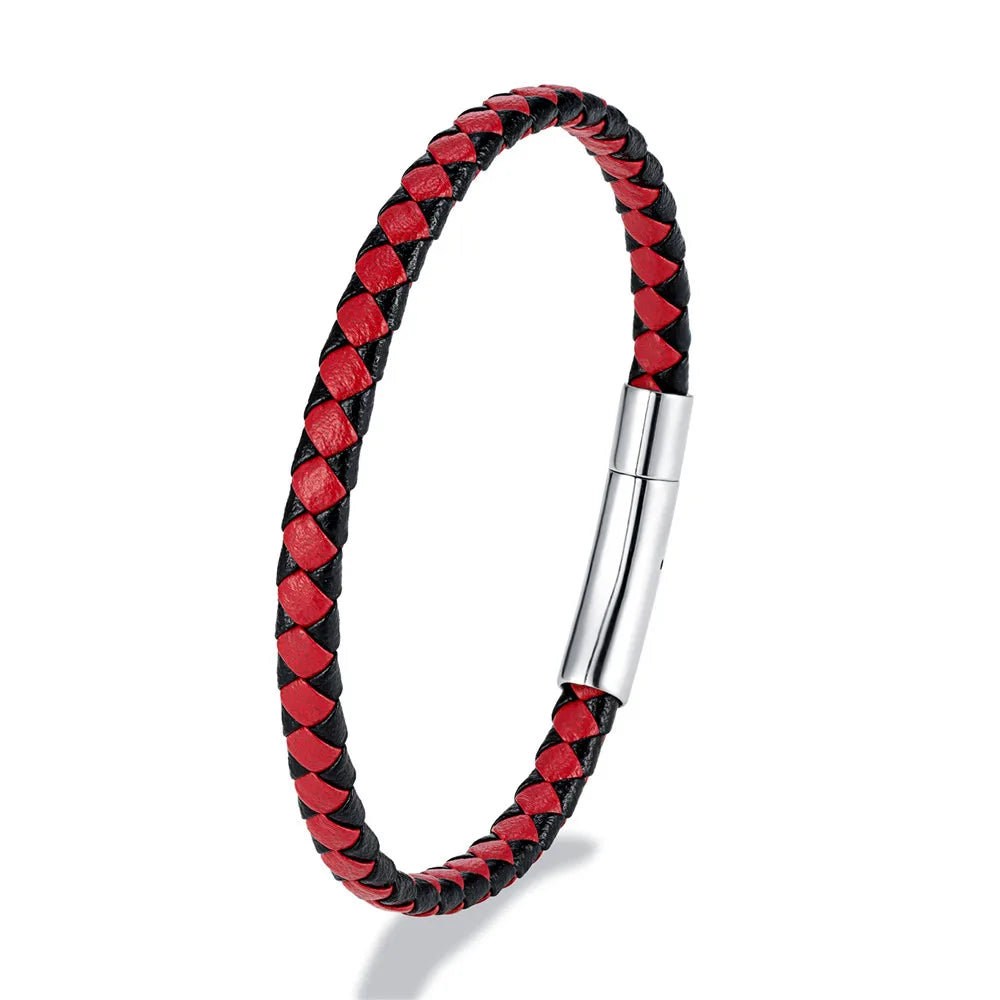 MKENDN Bracelet en cuir tressé noir bleu de style simple Bracelet en acier inoxydable avec boucle magnétique Bijoux pour hommes femmes Couple Cadeau