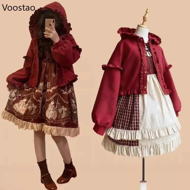 Sweet Lolita Women Jacket Japanese Kawaii Hooded Ruffles Coat Vintage Autumn Winter Tops Warm Outwear Japanese Fashion Jackets
