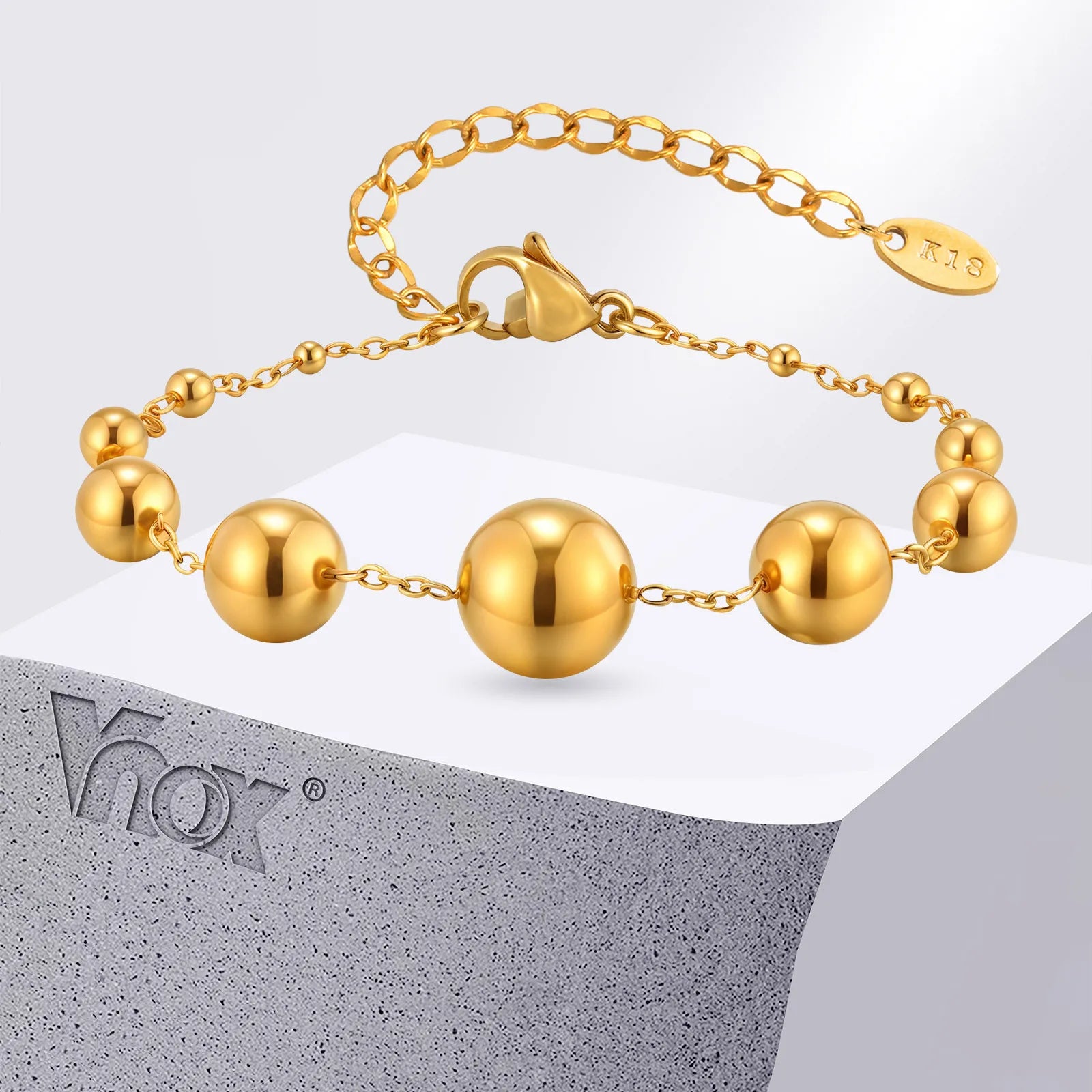Vnox Big And Small 10 Round Ball Bracelets Stainless Steel Fashion Beaded Chain Bracelet For Women Jewelry Set Party Gifts