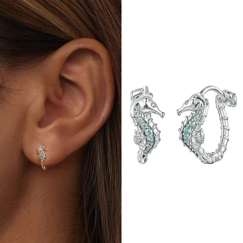 WOSTU Ocean Jewelry 925 Sterling Silver Blue Turtle Green Conch Stud Earrings Women Rainbow Mermaid Ear Hoops Beach Holiday Gift