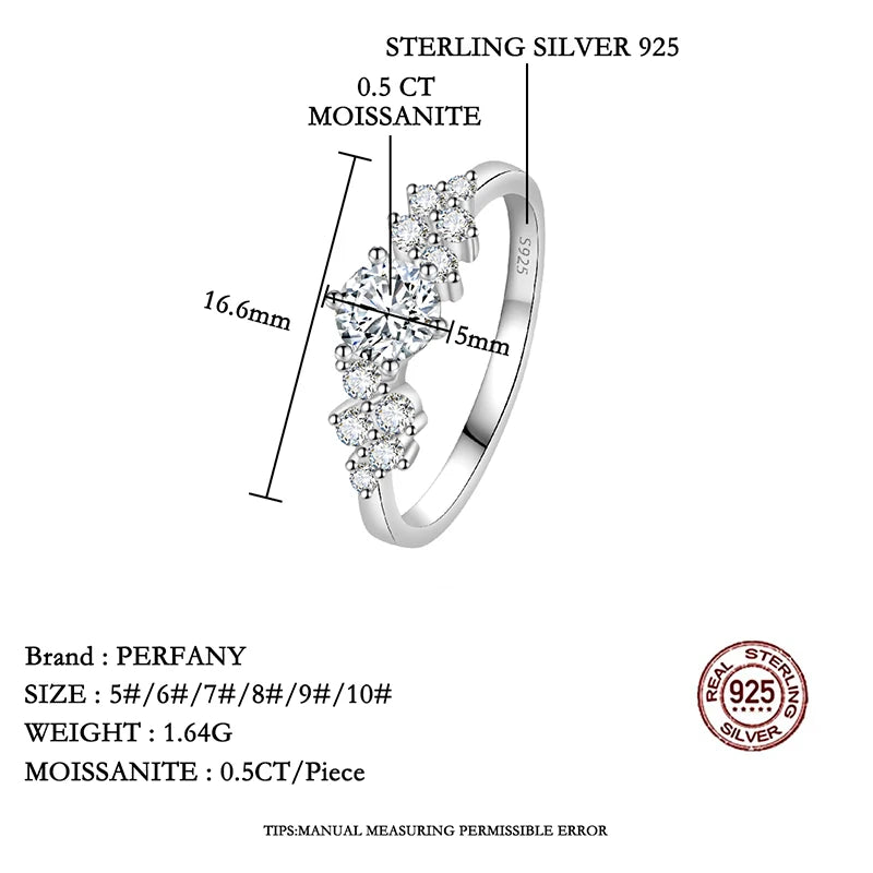 PERFANY 0.5CT Women's Moissanite Ring S925 Pure Silver Shining Laboratory Diamond Wedding Band Luxury Wedding Jewelry