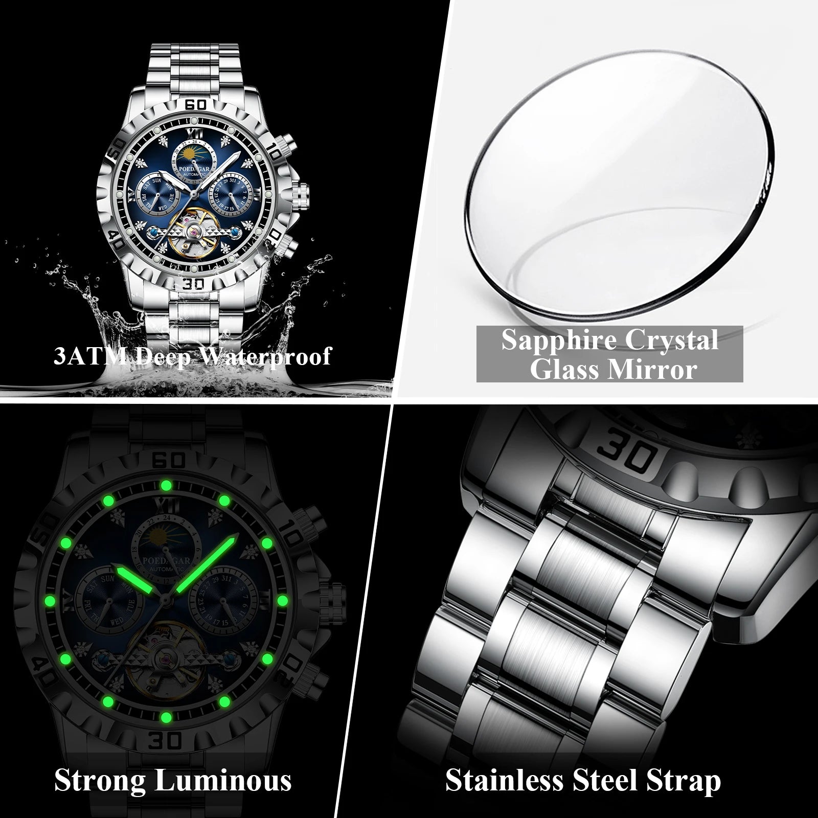 POEDAGAR Business Top Watch For Man Hollow Tourbillon Automatic Men's Watches Date Week Mechanical Stainless Steel Men Clock+Box