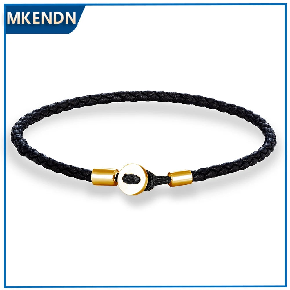 MKENDN Simple Style Gold Color Stainless Steel Button Braided Leather Bracelet For Men Women Couple Jewelry Gifts Homme
