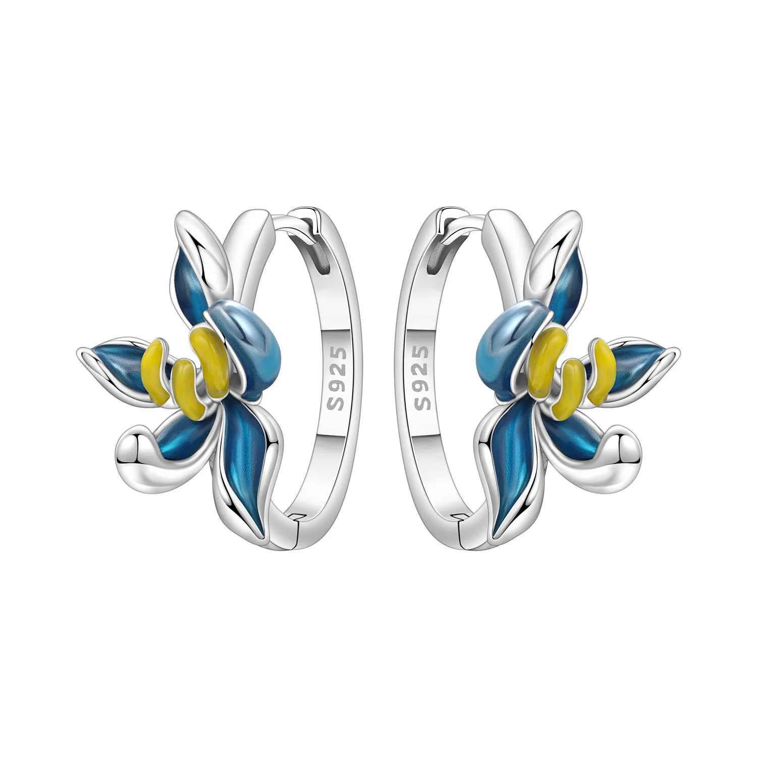 PANPOKI Original 925 Sterling Silver Blue Orchid Flower Earrings Women Hoop Earring Anniversary Jewelry Trendy Gifts
