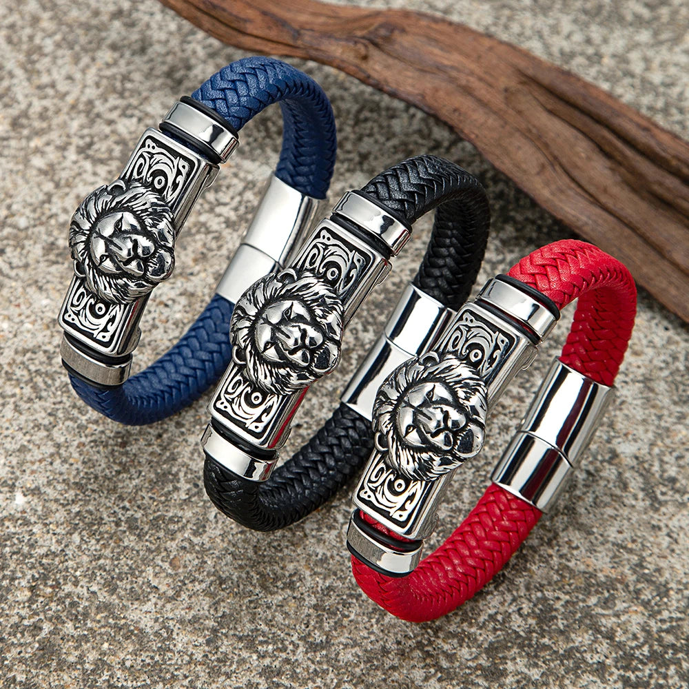 MKENDN Punk Lion Men Braided Genuine Black Leather Bracelet Stainless Steel Magnetic Buckle Bracelet Gifts Homme Pulseras