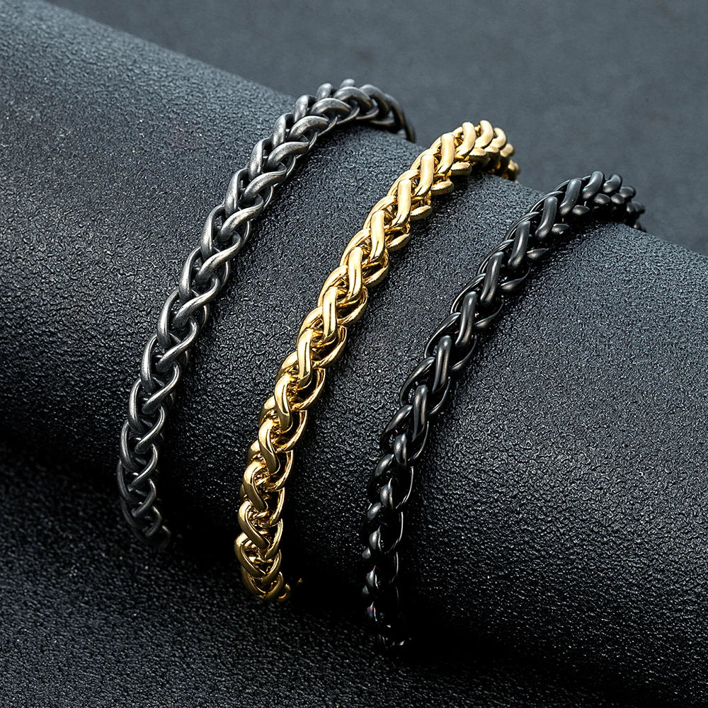 MKENDN Thickness 2/3/4/5/6mm Vintage Oxidized Black Wheat Braided Stainless Steel Bracelet Classic Curb Link Chain for Men Women