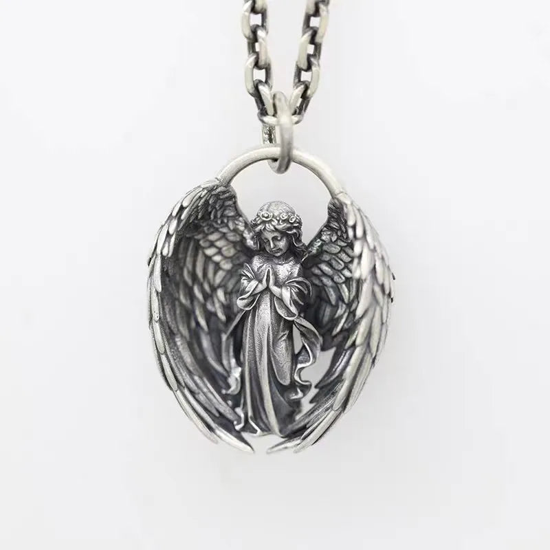 Classic Silver Plated Praying Angel Wings Pendant Necklace Men Women Fashion Protection Amulet Jewelry Birthday Gift