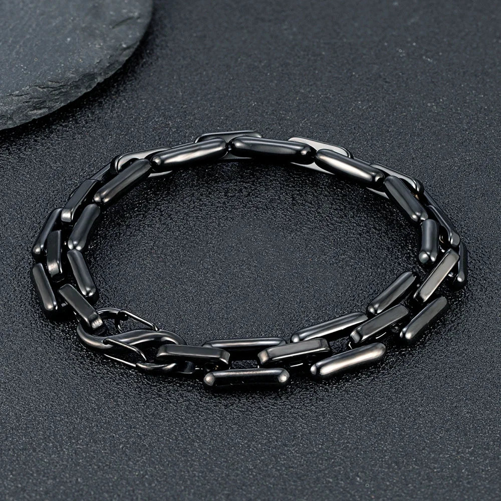 MKENDN Men's Heavy Handmade Chain Bracelet Never Fade Double Push Carabiner Clasp Stainless Steel Punk Rectangle Link Accessory