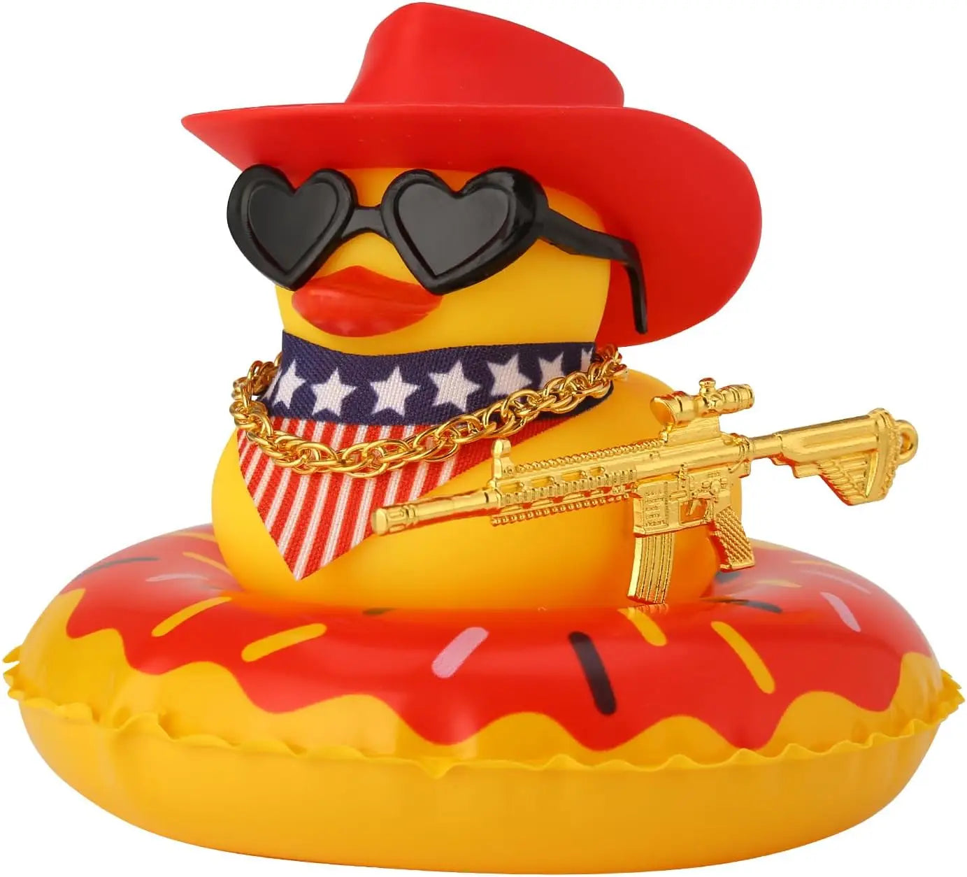 Rubber Duck with Weapon for Car Dashboard Decor, Squeaky Duck Toy Yellow Cowboy Ducks Car Ornament Fun Car Accessories