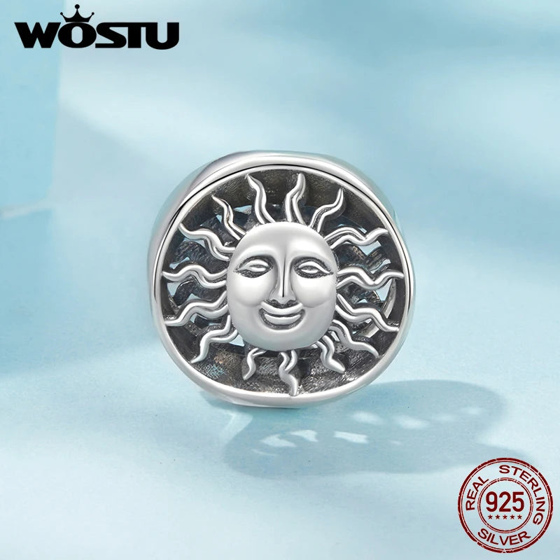 WOSTU Solid Vintage 925 Sterling Silver Sun God Pendant Charm Retro Hollow Beads fit Bracelet DIY Jewelry Anniversary Gift