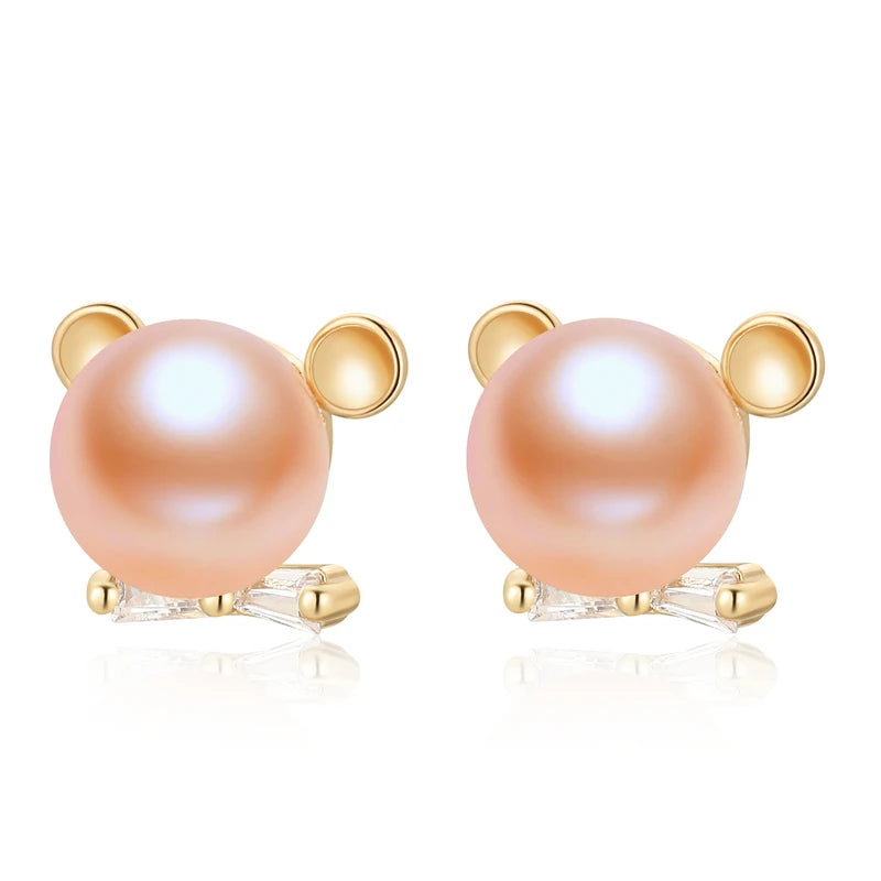 OXTAO Cute Children'S Mini Earring 6-6.5Mm Natural Cultivation Freshwater Fashion Comprehensive Pearl Bear Stud Earrings Jewelry