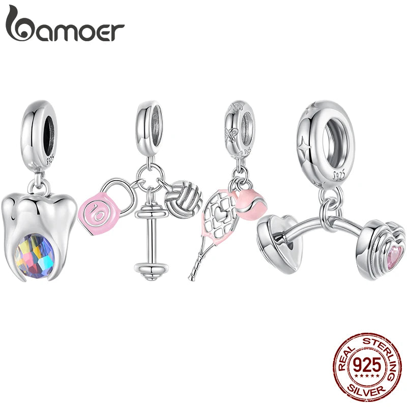 BAMOER 925 Sterling Silver Charm Pink Sport Ball Dumbbe Pendant Healthy Teeth Beads Fit Original Bracelet DIY Jewelry Crafts