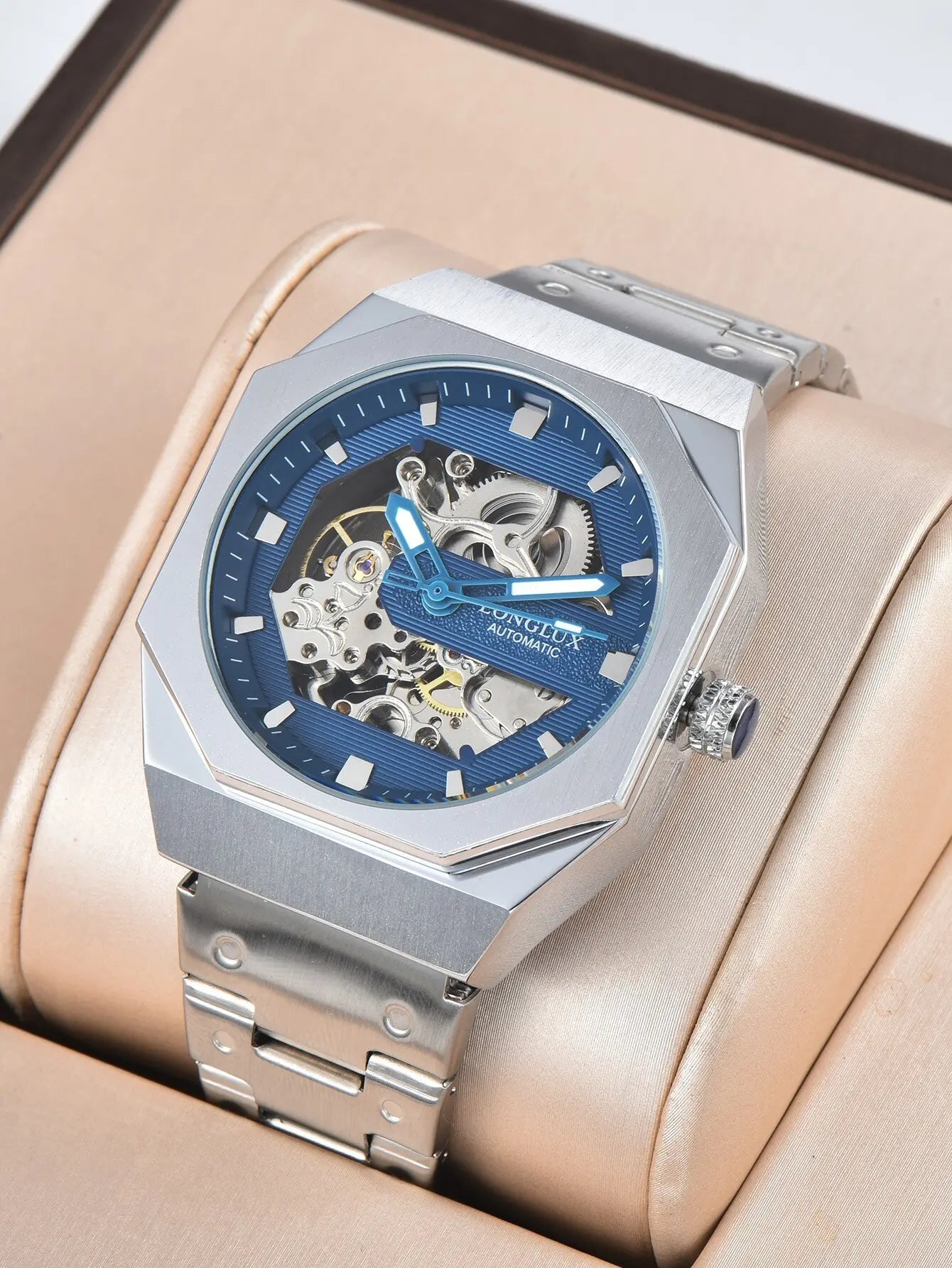 LONGLUX Men automatic watch luxury mechanical watches waterproof skeleton fashion business wholesale stainless steel gift watch