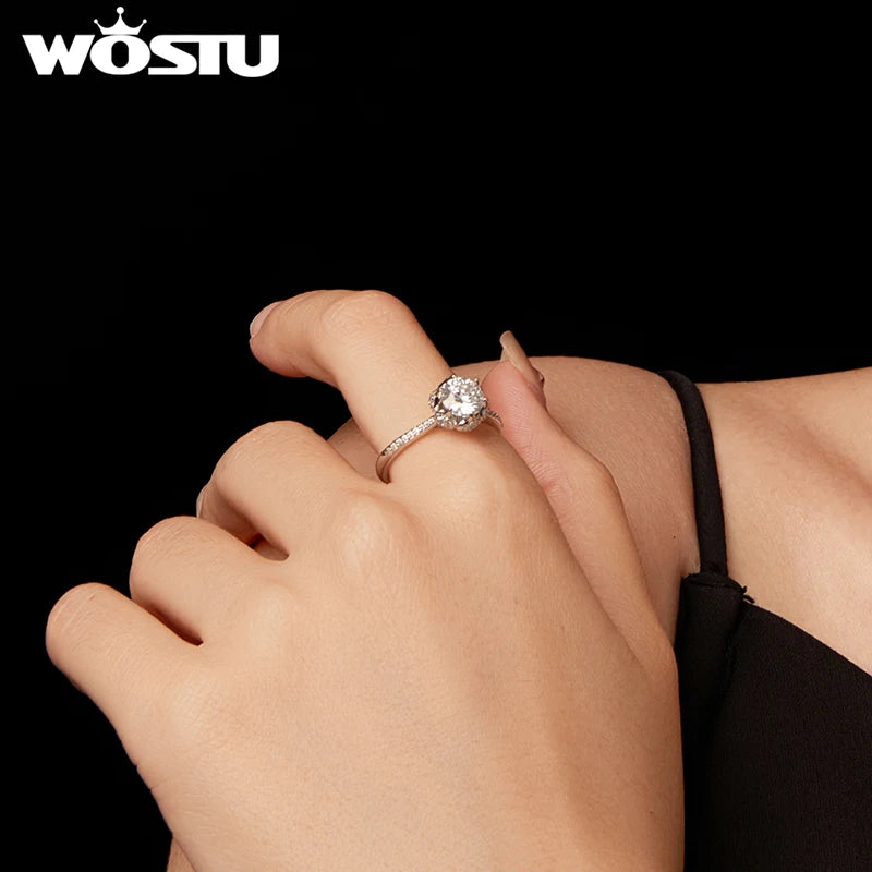 WOSTU 1CT Moissanite Ring Floral Core White Gold Luxury Original 925 Sterling Silver For Women Engagement Wedding Fine Jewelry