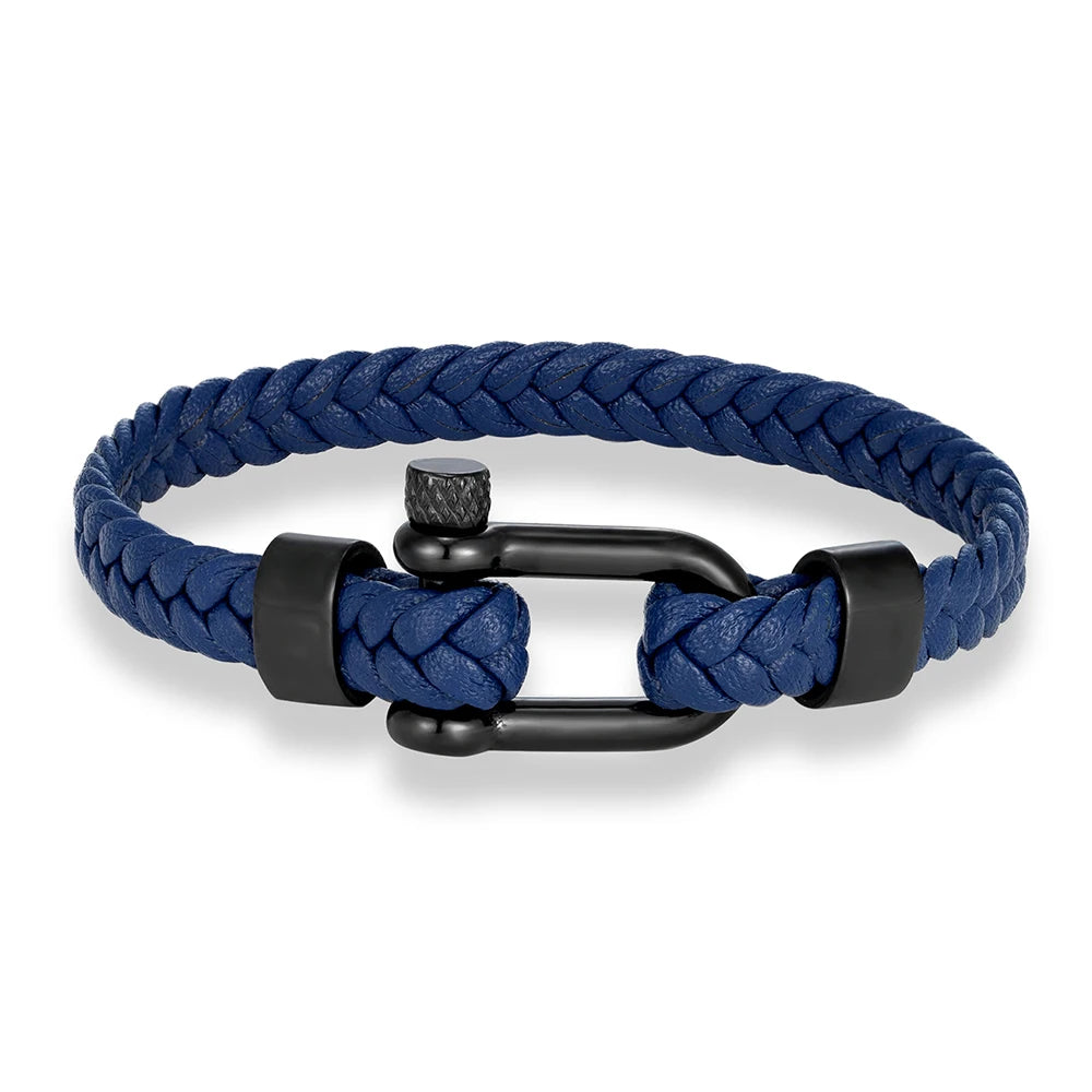 MKENDN Minimalist Nautical Style Braided Leather Bracelet Stainless Steel U-Shape Shackle Buckle Survival Jewelry For Men Women