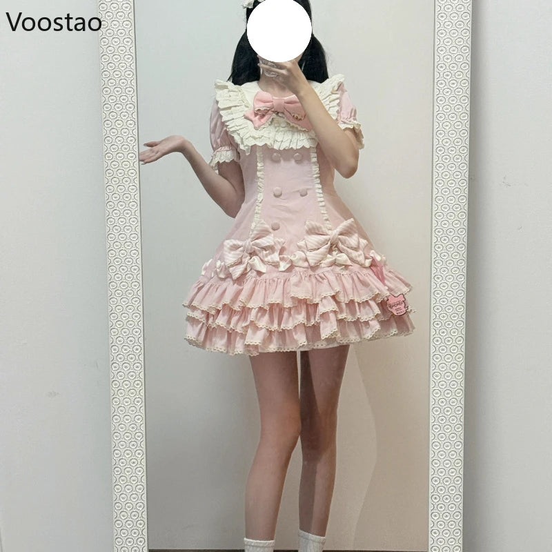 Japanese Sweet Lolita OP Dress Women Vintage Kawaii Lace Puff Sleeve Bow Princess Party Dresses Girl Y2k Cute Evening Cake Dress