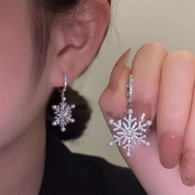 Shiny Crystal Zircon Snowflake Dangle Earrings For Women Exquisite Imitation Pearl Rhinestone Earring Christmas New Year Gifts