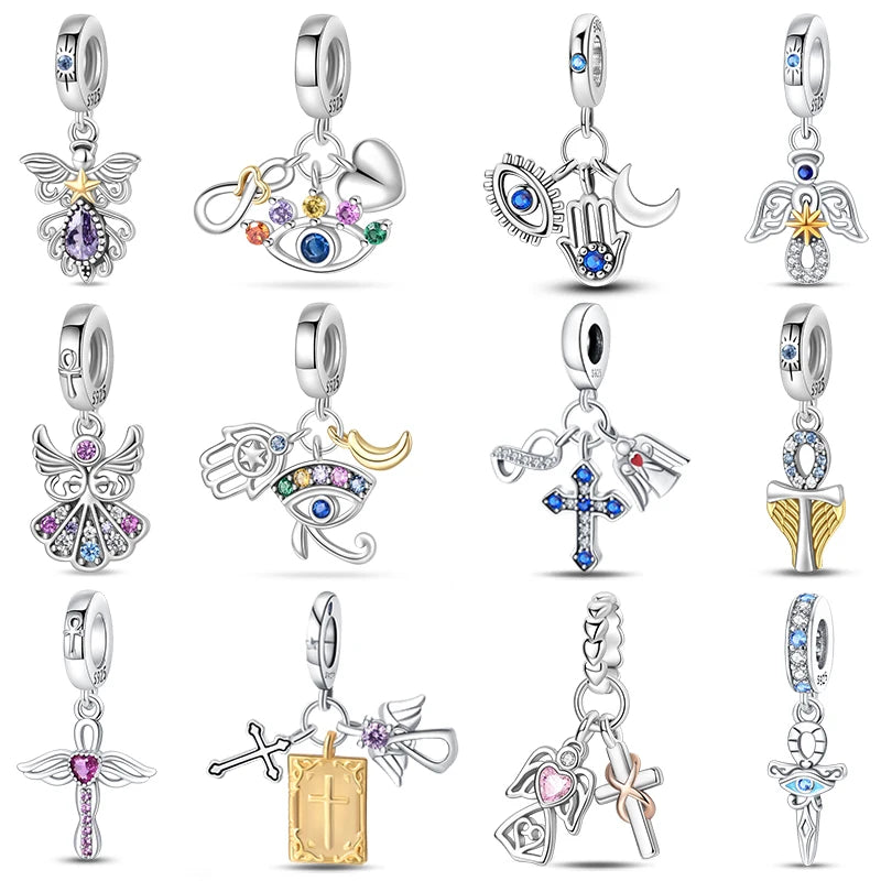 Classic 100% 925 Sterling Silver Daemon Angel Cross Evil Eye Charms Beads Fit 3mm 925 Original Bracelets DIY Party Jewelry