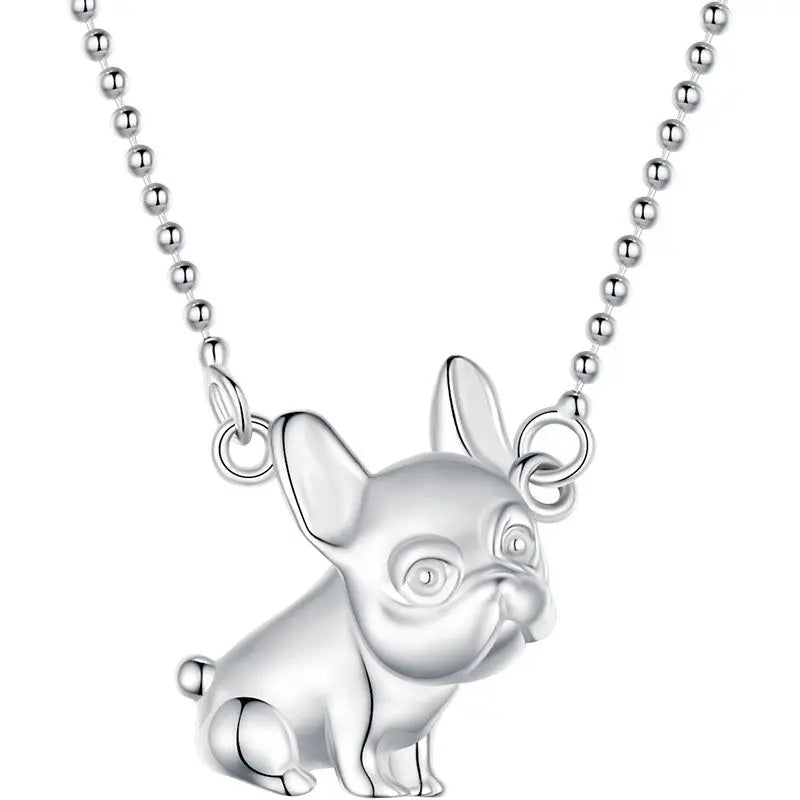 BISAER 925 Sterling Silver Cute French Bulldog Necklace Pet Dog Adjustable Chain Plated White Gold for Woman Party Fine Jewelry