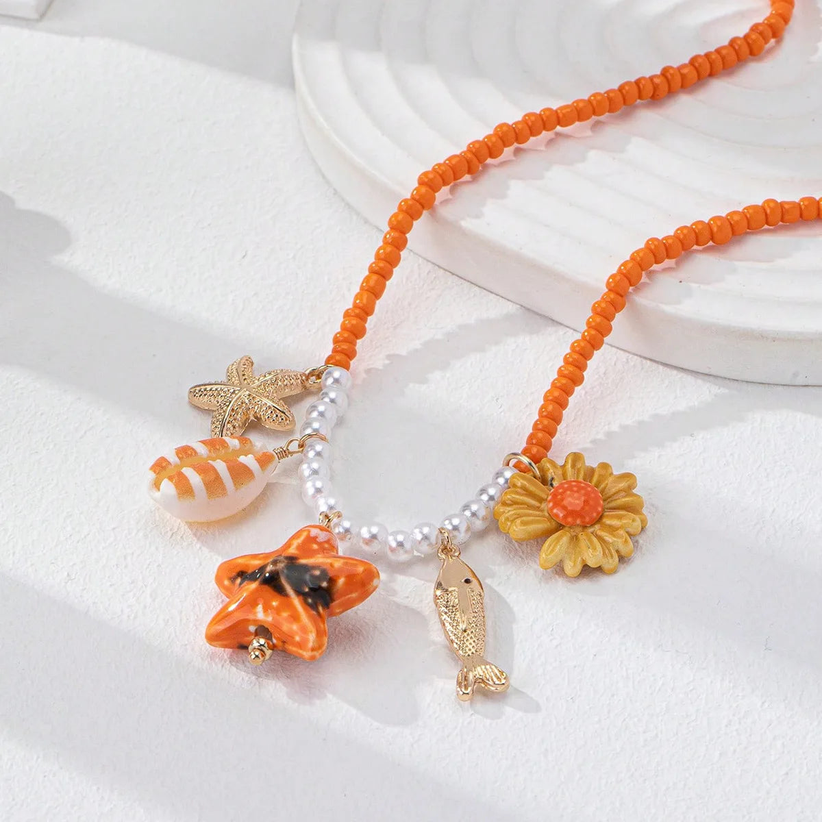 Summer Beach Vacation Sea Star Conch Shell Pendant Short Necklace