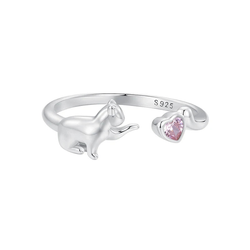 Bague ouverte BAMOER en argent sterling 925 avec un adorable chat, ornée d'un cœur en zircon rose, idéale pour les amoureux des animaux. Bijou à offrir à toute la famille.