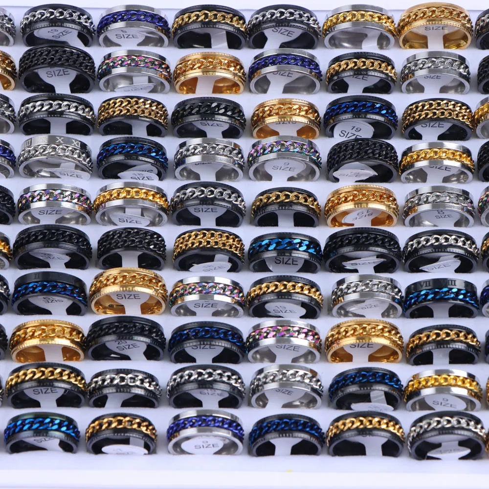 10Pcs/Lot Fashion Black Drip Oil Stainless Steel Rings For Men Women Rotate Freely Spinning Anti Stress Jewelry Gifts