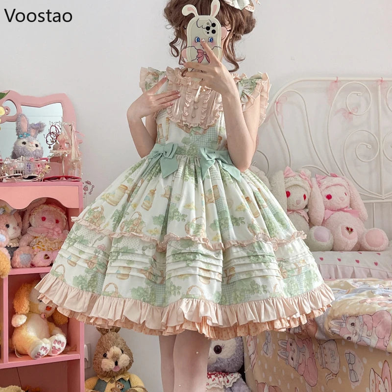 Japanese Sweet Lolita Dress Women Victorian Pastoral Style Princess Dress Ruffles Green Grape Print Bow Trailing Party Dresses