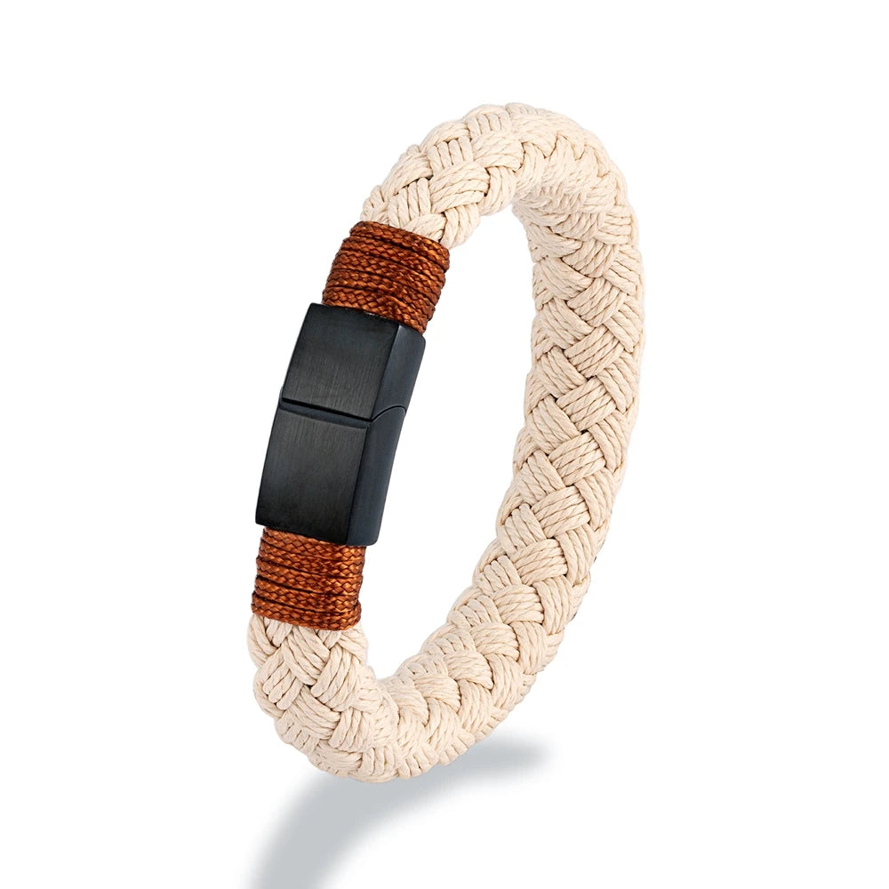 MKENDN Nautical Style Wide Rope Bracelet Fashion Men Stainless Steel Adjustable Shackle Clasp Wrap Bangles Handmade Jewelry Gift - Madeinsea©