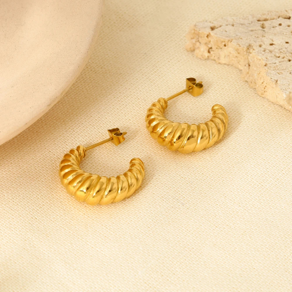 Stylish 18K Gold Plated Stainless Steel Croissant Stud Earrings for Women Waterproof  Texture Hoops Party Gift