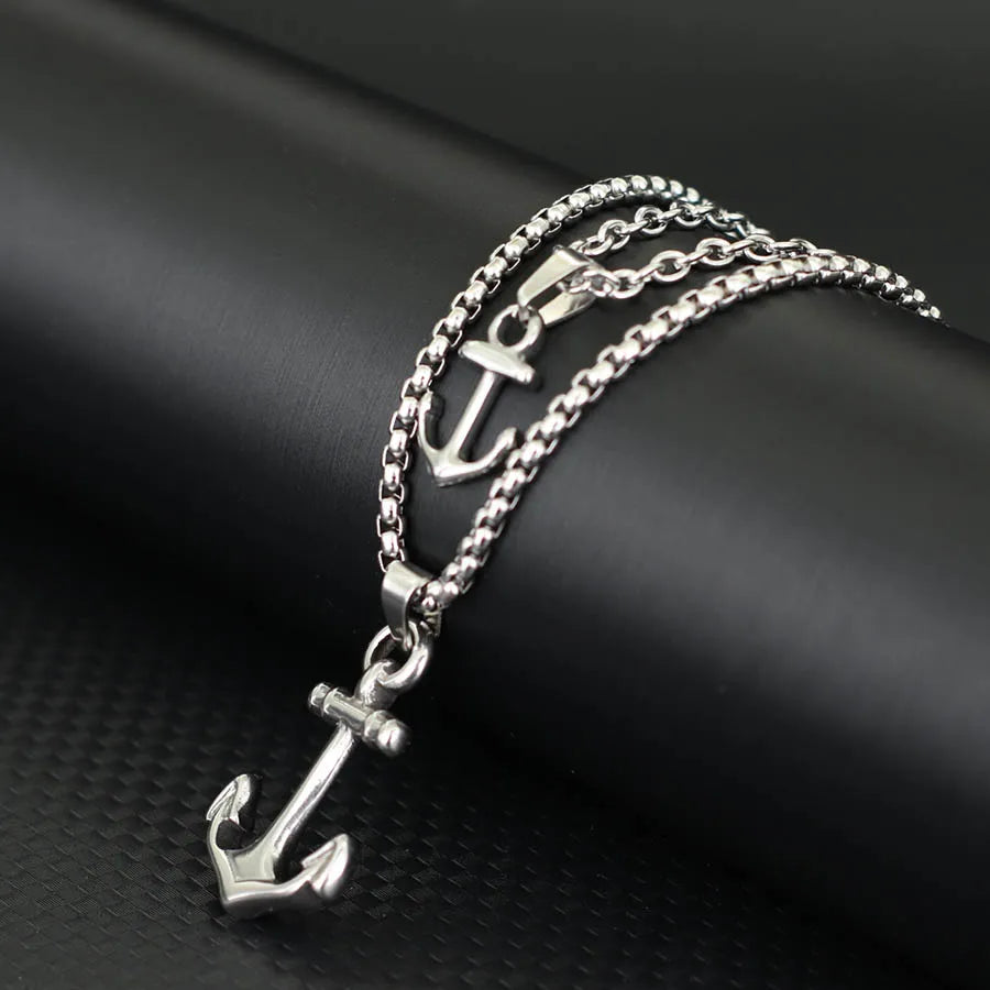 2Pcs/Set Men Necklace Stainless Steel Anchor Pendant Collar Hiphop Rock Cool Riding Neck Accessories Hombre Motorcycle Jewelry