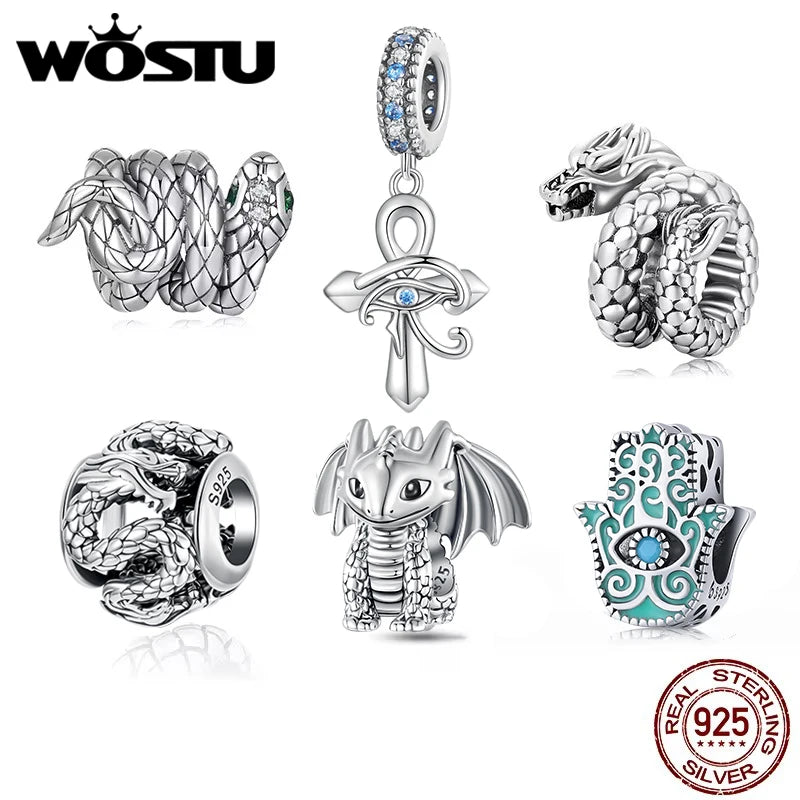 WOSTU 925 Sterling Silver Vinatge Dragon Charm Snake Bead Demon Eye Pendant Fit Original Bracelet Necklace For Women DIY Jewelry