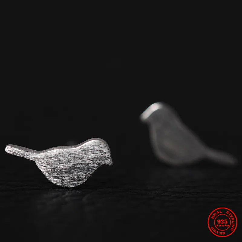 MKENDN Trendy Minimalist Real 100% 925 Sterling Silver Mini Brushed Bird Stud Earrings for Women Student Jewelry Gift