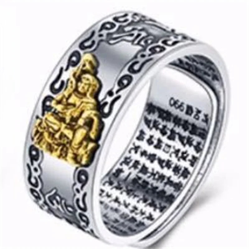 Vintage Silver Eight Guardian Buddha Ring for Men's Jewelry Lucky Twelve Zodiac Amulet Heart Sutra Ring Male Finger Accessories