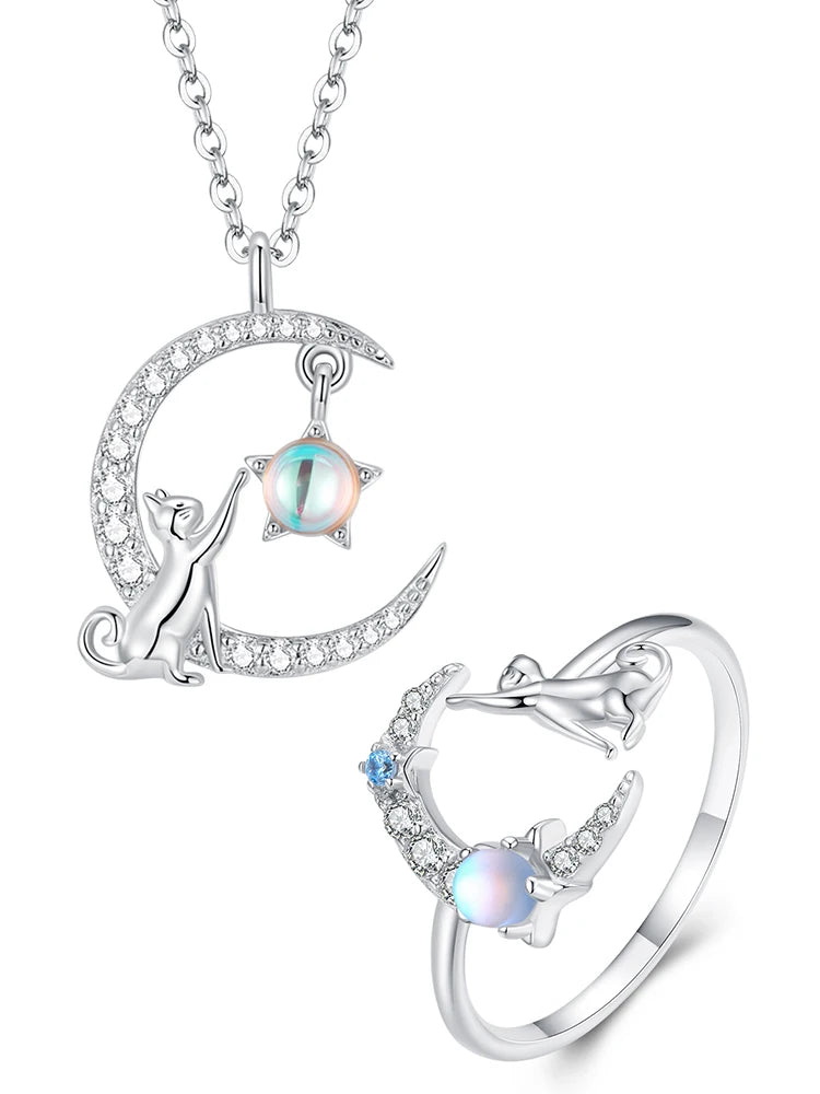 BISAER Genuine 925 Sterling Silver Cute Cat Moon Jewelry Set Animal Pendant Necklaces &Ring Original Jewelry Women Romantic Gift