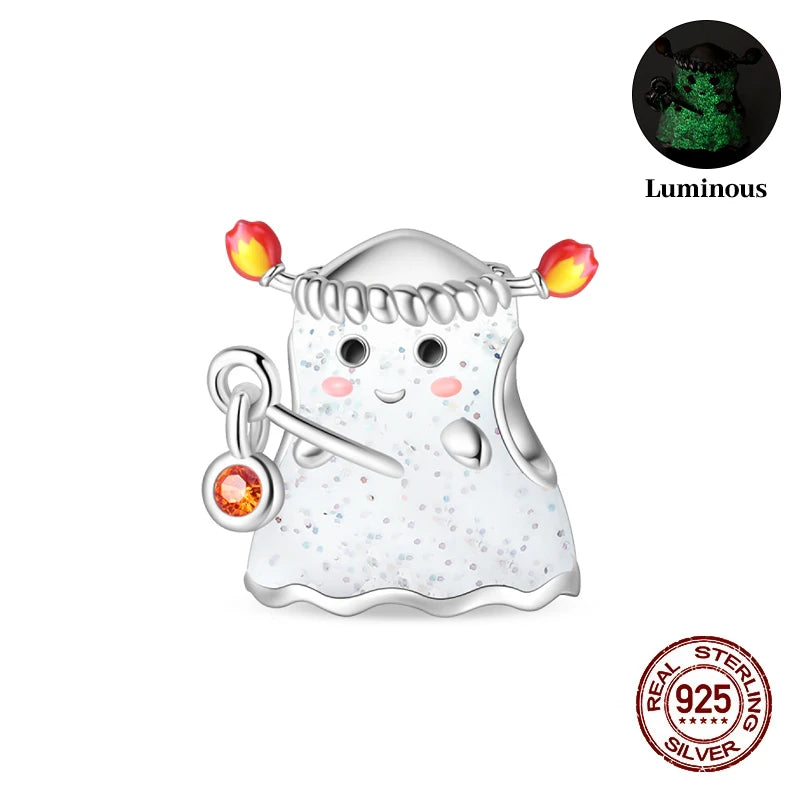 New 925 Sterling Silver Luminous Halloween Skull Witch Pumpkin Candy Charms Beads Fit 3mm Original Bracelets Party Jewelry