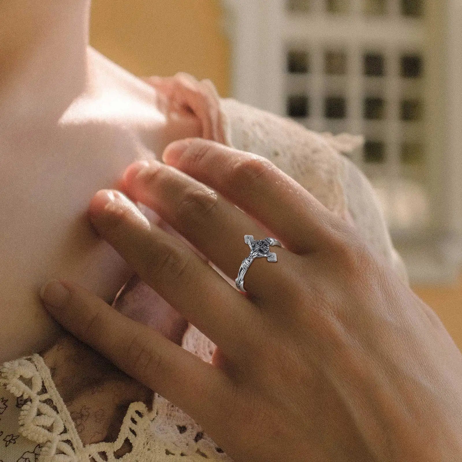 Eudora 925 Sterling Silver Saint Benedict Medal Adjustable Ring Vintage San Benedict Cross Amulet Ring Religious Jewelry Gift