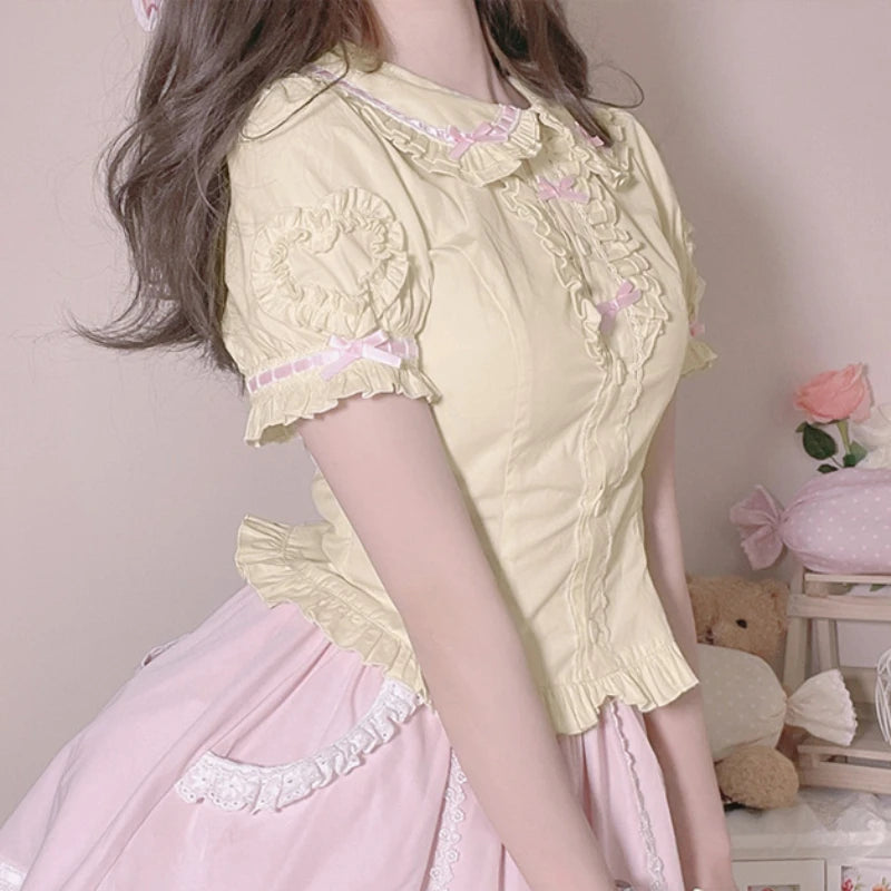 Japanese Sweet Lolita Blouses Women Kawaii Peter Pan Collar Puff Sleeve JK Cotton Shirts Girls Harajuku Cute Bow Blusas Mujer