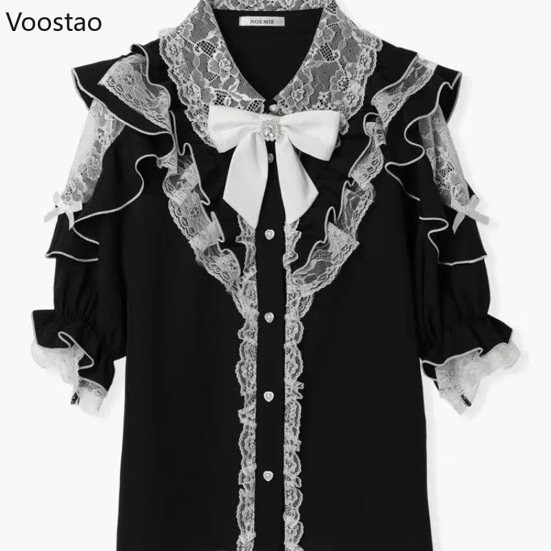Japanese Gothic Lolita Style Bow Shirts Women Sweet Y2k Lace Ruffles Short Sleeve Blouses Tops Summer Female Vintage Punk Blusas