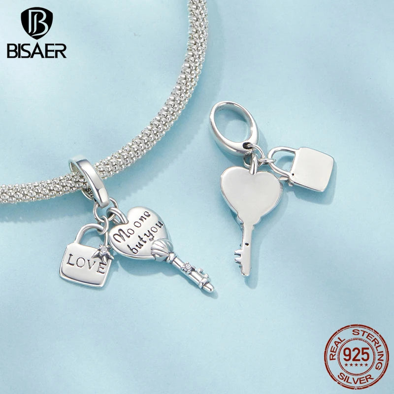 BISAER 925 Sterling Silver Eternal Love Family Charm Bead Lock Key Heat Mom Pendant For Women DIY Bracelets Fine Jewelry Gift