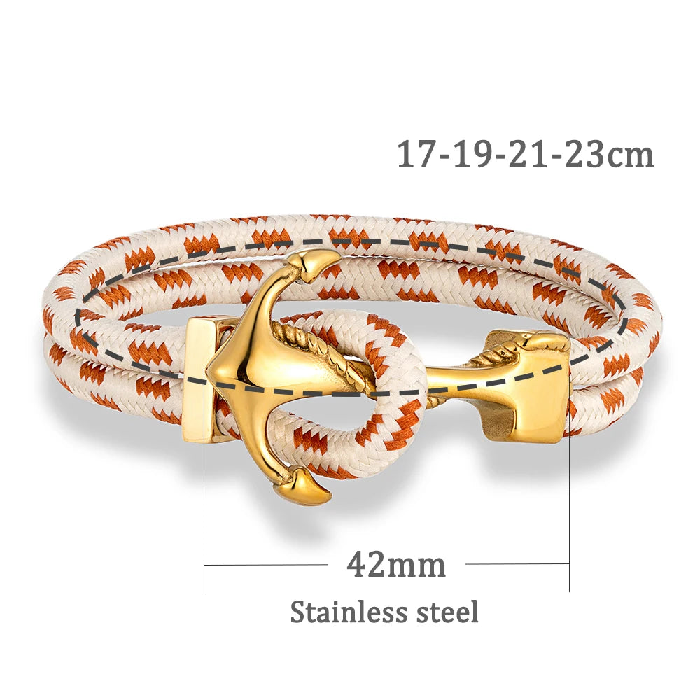 MKENDN Anker-Armbänder Herren Doppelsträngiges nautisches Surfer-Armband aus wasserdichtem Nylonseil Damen vergoldetes 316L Sport-Schließe