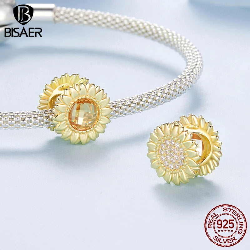 BISAER 925 Sterling Silver Butterfly Charm Eternal Flower Pendant Sun Silicone Spacer Beads for Women DIY Bracelet Fine Jewelry