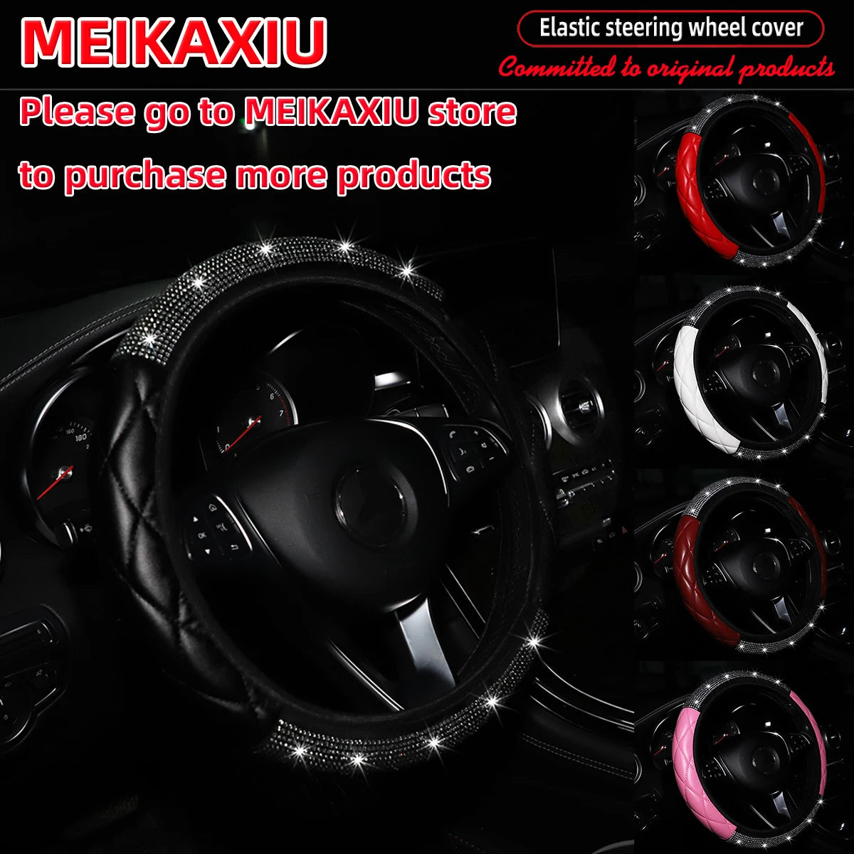 Soft PU leather diamond-encrusted sparkling car steering wheel cover without inner ring, suitable for women of 38cm15inch