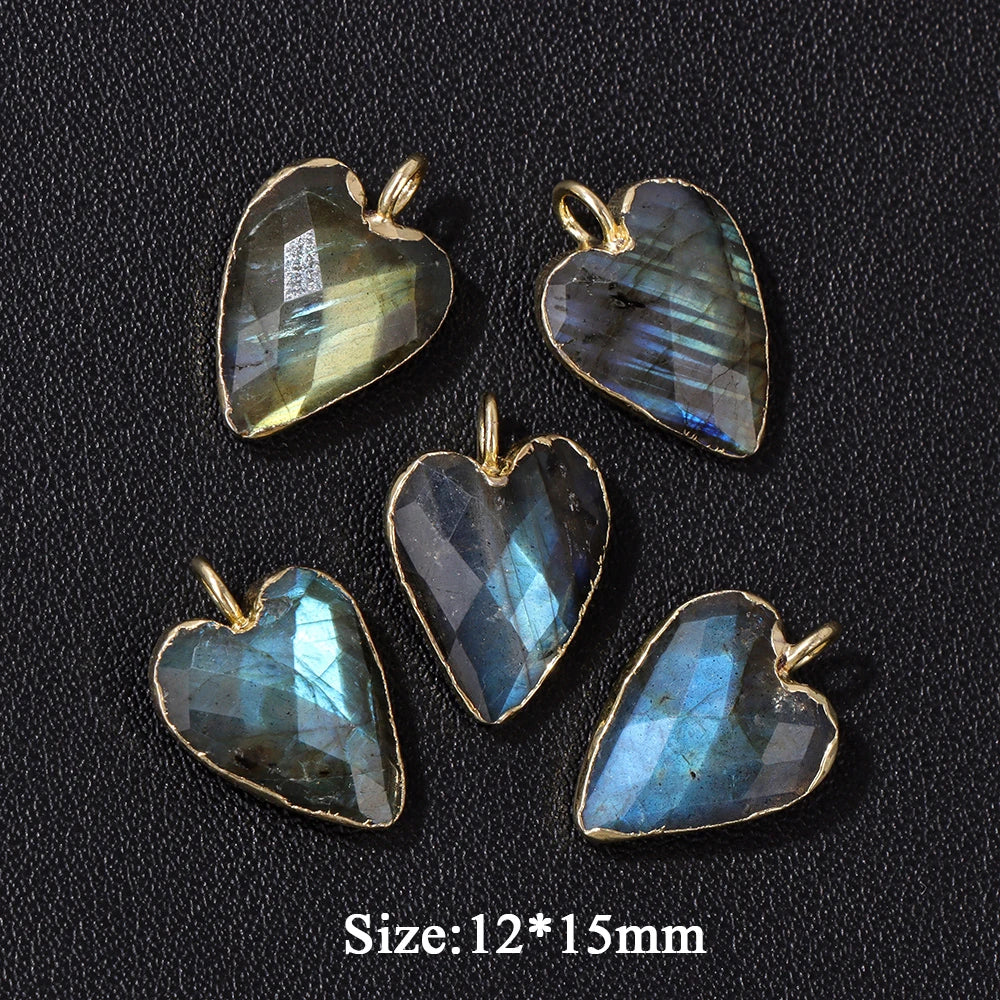 2PCS/lot Faceted Heart Shape Stone Pendant Natural Amethyst Rose Quartzs Labradorite Love Charms For Jewelry Making Necklace DIY