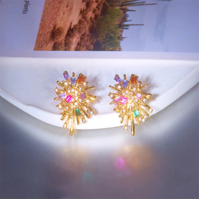 Sparking Snowflake Firework Stud Earrings For Women Girls Rhinestone Exquisite Zircon Piercing Earring Girls Party Charm Jewelry