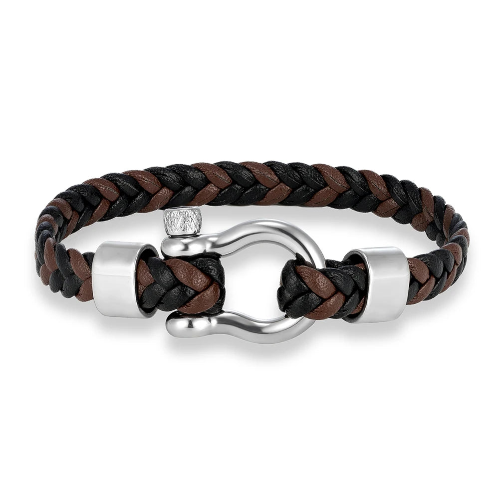 MKENDN Luxury Nautical Shackle Woven Leather Bracelet With Horseshoes Buckle Gift for Him Minimalistic Jewelry
