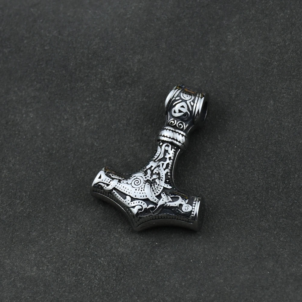 Stainless Steel Wolf Head with King Chain Necklace thor's hammer mjolnir viking  Rune Amulet Domineering Biker Jewelry